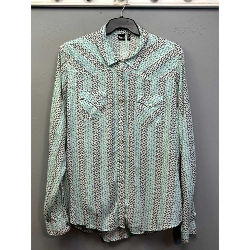 Cruel Denim Shirt Womens XXL Blue Geo Western Pearl Snap Rodeo Cowgirl Rayon
